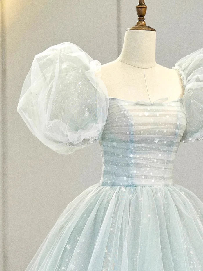 Elegant Ball Gown Short Sleeves Tulle Light Sky Blue Long Prom Dresses